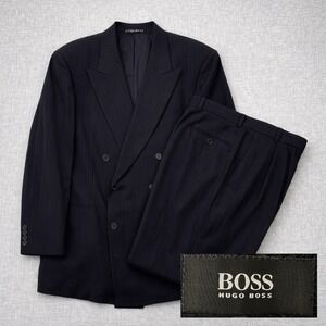 VTG 90s Hugo Boss DB Pinstripe Suit 46L 36x33.5 Navy Wool Power Peak Lapels USA